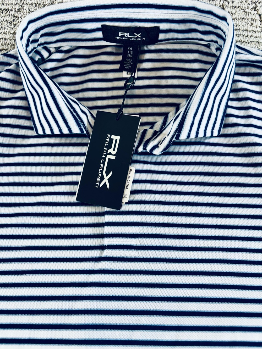 NWT RLX Ralph Lauren Men’s XXL White/Blue Striped Golf Concept Polo Shirt